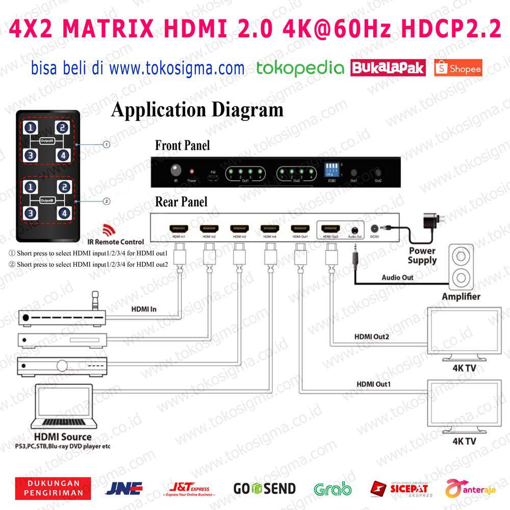 HDMI MATRIX 4X2 HDMI ver 2.0 UHD 4K @60hz AUDIO EXTRACTOR with IR REMOTE