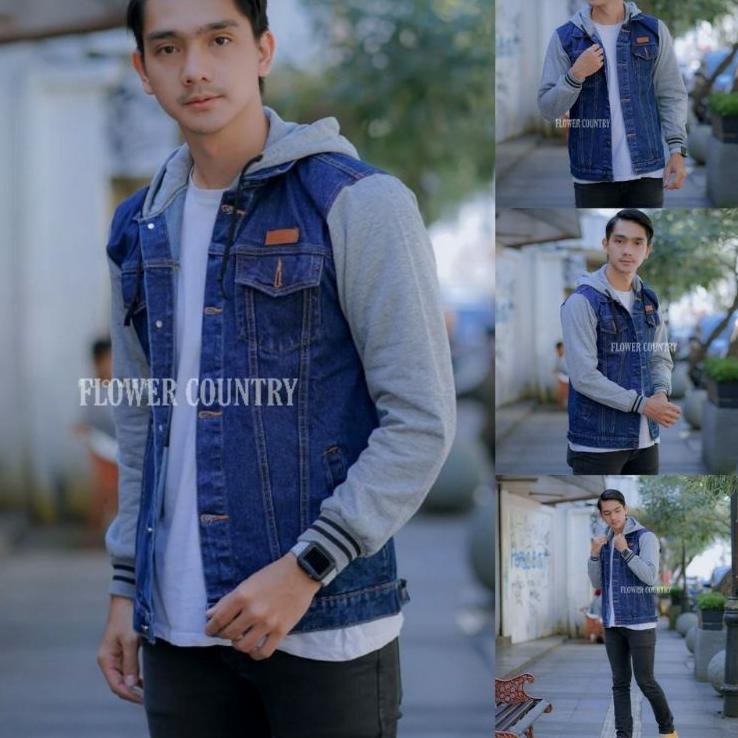 Menarik TERMURAH ! JACKET JEANS DENIM REGLAN PRIA JAKET JEANS BOY HOODIE KOMBINASI FLEECE BIG SIZE L
