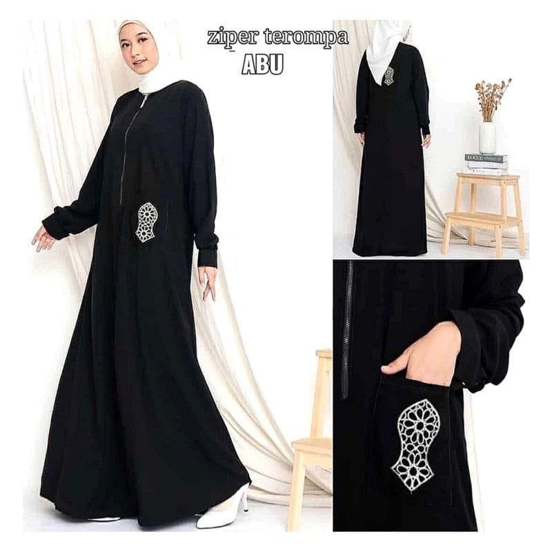 abaya ziper trompa gamis syari turkey dubai arabian bahan jetblack