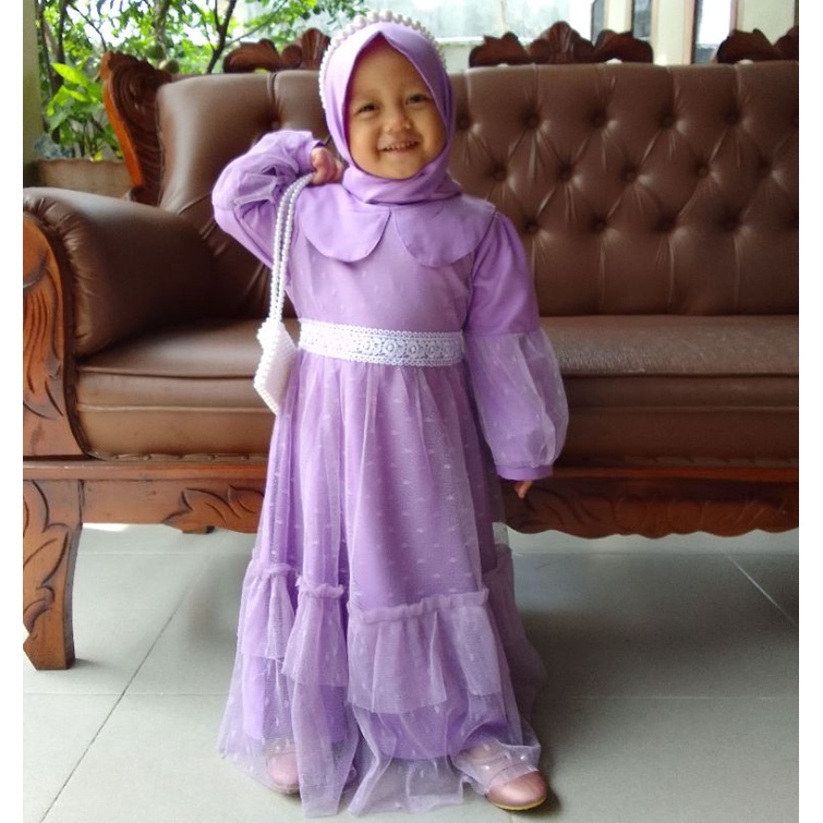 Set Gamis Tutu Balon Kerah (1-2th) plus Pashmina Instan Pashtan Mewah Tile Tille Dot Lengan Polka - 