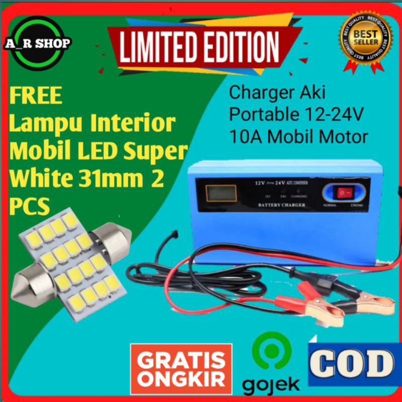 BISA COD/ Charger Aki Portable 12-24V 10A Mobil Motor Intelligent Chip LCD. BONUS LAMPU LED TETLARIS