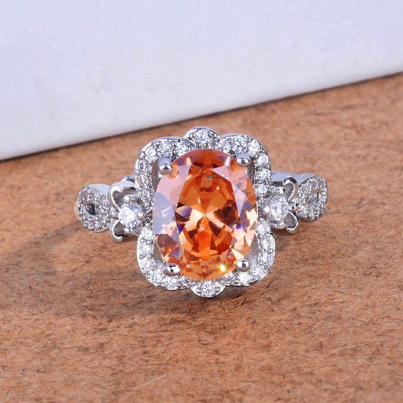 Cincin Desain Geometri Hollow Hias Batu Zircon AAA Warna Oranye Adjustable Untuk Wanita