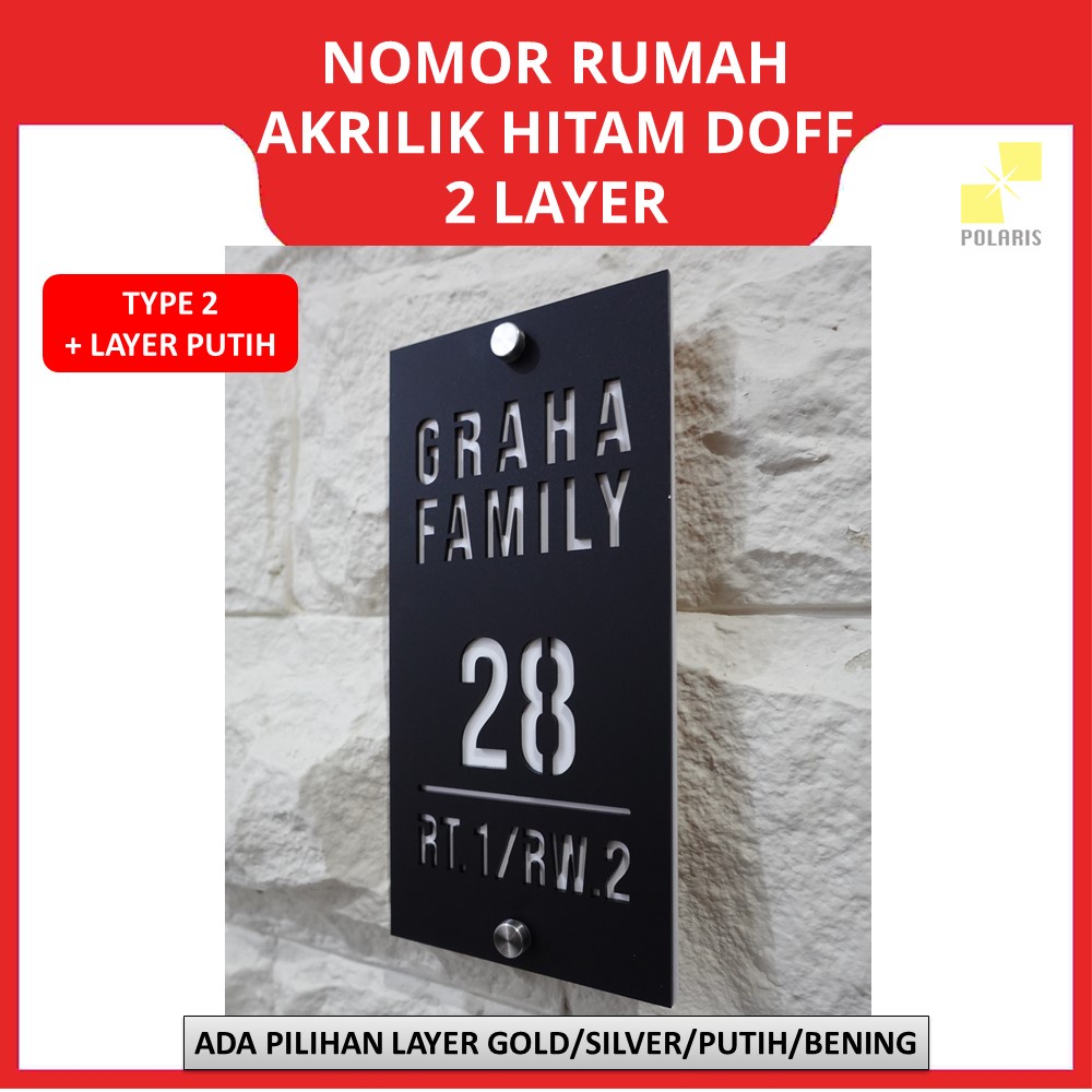 NOMOR RUMAH AKRILIK MODERN HITAM DOFF 2 LAYER - PAPAN NO RUMAH ACRYLIC CUSTOM TULISAN LUBANG DESIGN MINIMALIS - PAPAN ALAMAT NOMER RUMAH AKRILIK MIRROR GOLD/SILVER ELEGAN