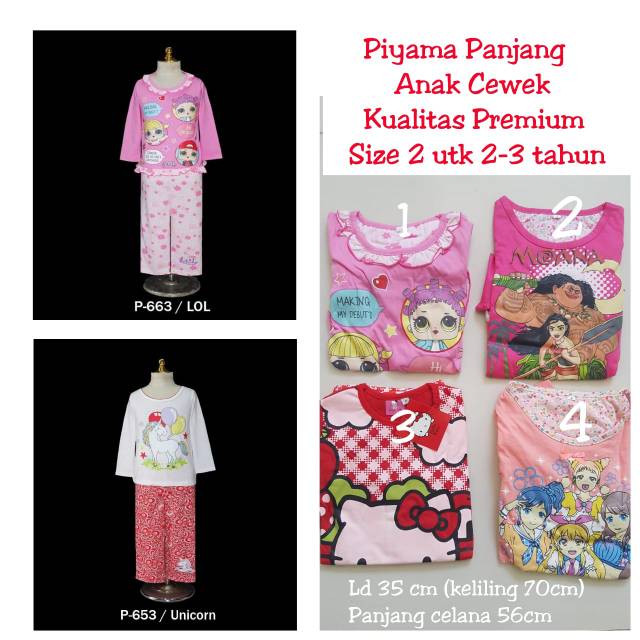 Piyama Panjang Premium Kartun Anak Cewe Size 2 ( 2-3tahun)