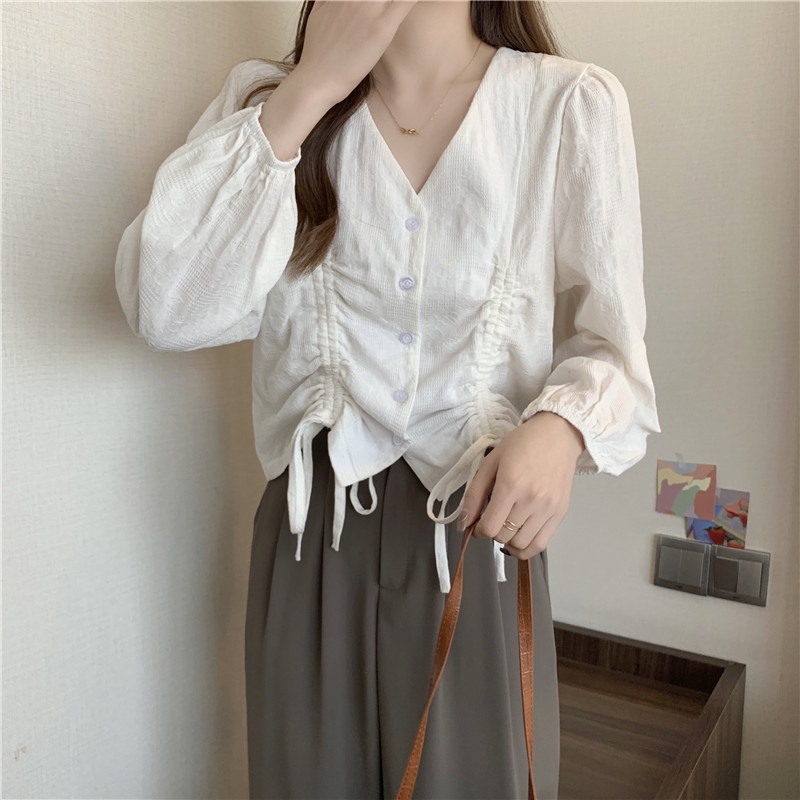 MOOGU ♡ Kemeja wanita blus leher v serut korea shirt