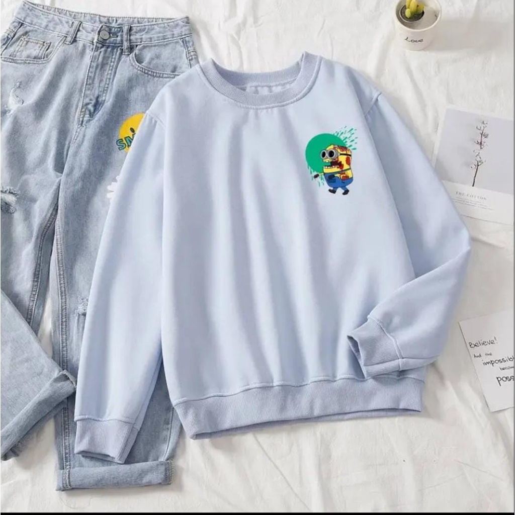 SWEATER CREWNECK WANITA MINION ZOMBIE FLEECE TEBAL HALUS MURAH KEKINIAN TERBARU''