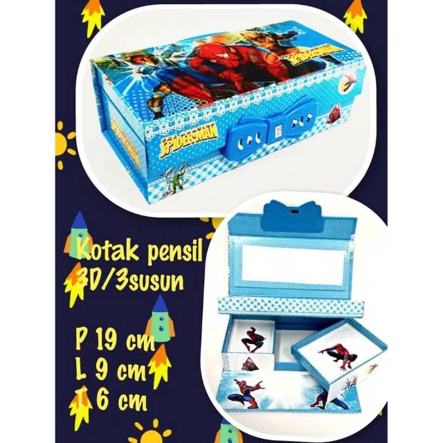 

Souvenir ulang tahun anak kotak pensil kode pin 3D 3 susun spiderman