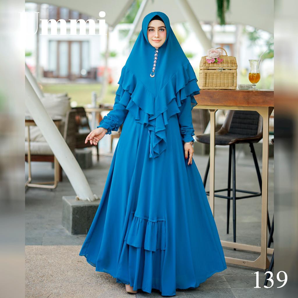 UMMI 139 by Ummi Gamis Syari Polos Biru Tosca Set Khimar Cantik Pola Unik Babydoll Busui Original Br