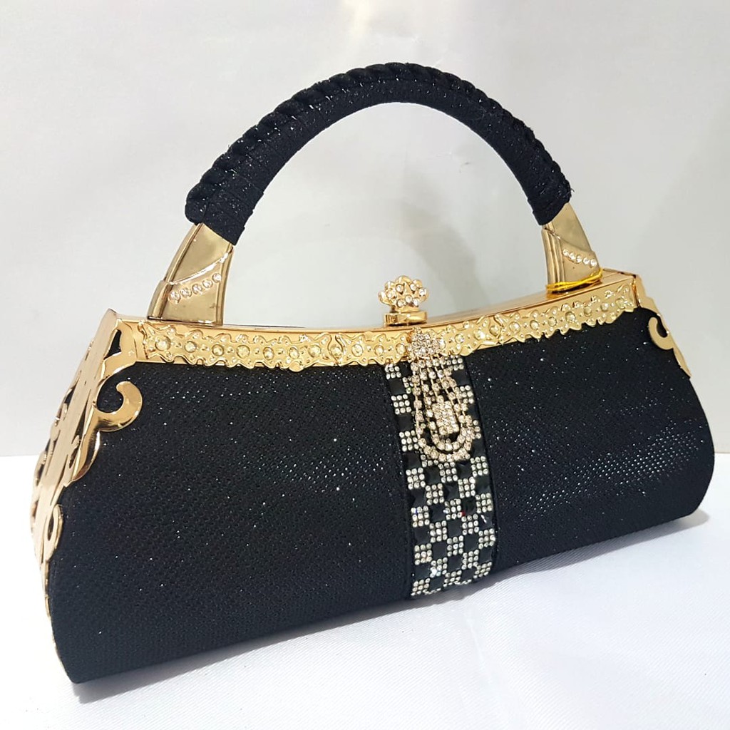 Tas Pesta Farnell Wanita 2646 Clutch Kondangan Kilap Glitter Batu Permata Mewah