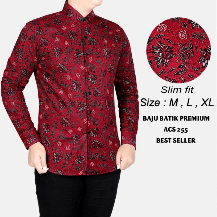KEMEJA BATIK PRIA SLIM FIT / BAJU BATIK PRIA SLIM FIT MERAH FOYL122