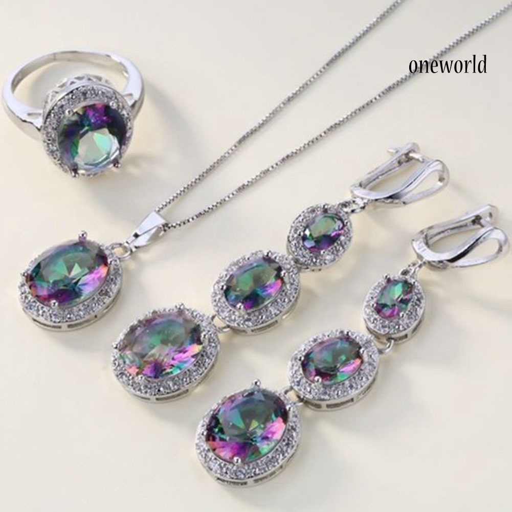 OW@ Elegant Women Round Rhinestone Pendant Chain Necklace Earrings Ring Jewelry Set