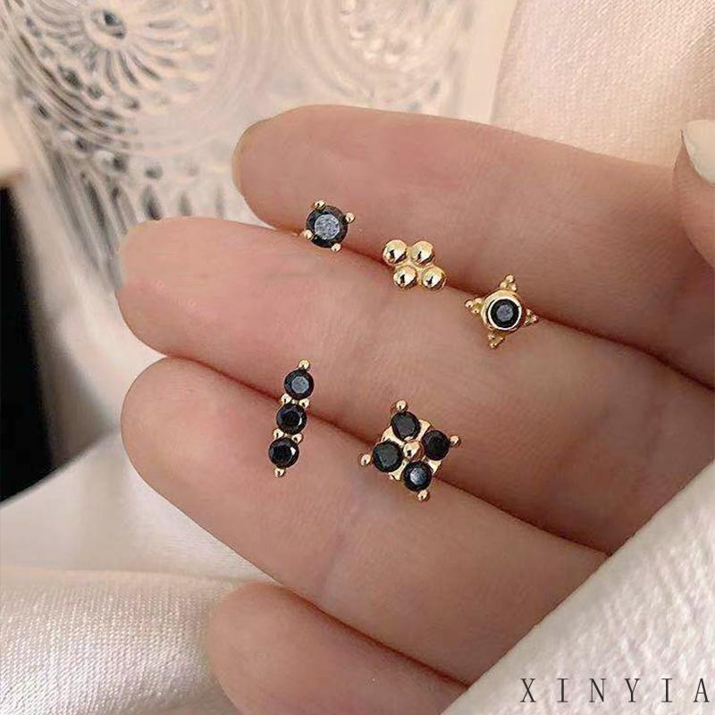 5buah/set Anting Hitam Anting Tusuk Korea Anting Tusuk Aksesoris Wanita Anting Wanita Anting Bunga Korea Hypoallergenic Untuk Wanita