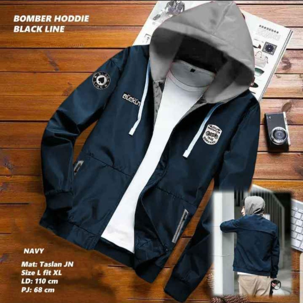 PREMIUM Jaket Bomber Hoodie Black line Pria Bahan Taslan import