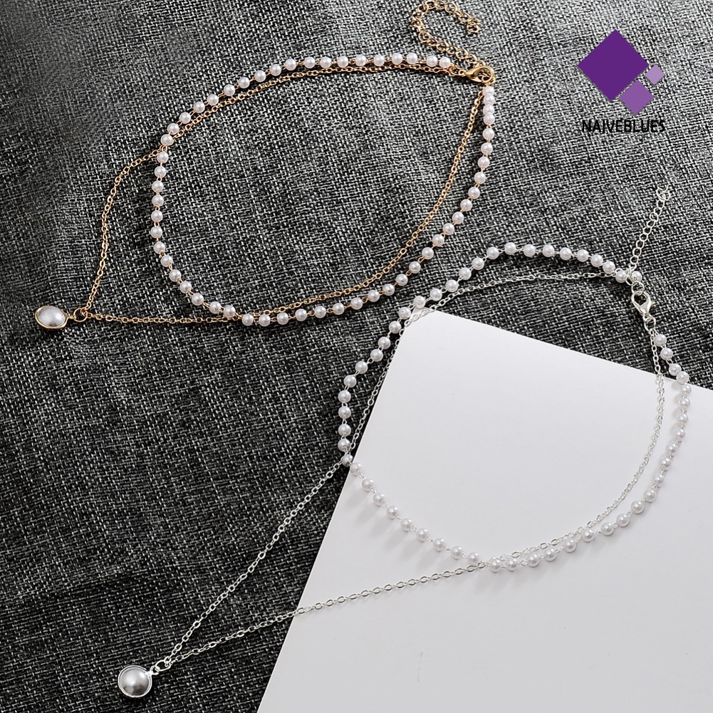 Naiveblue Kalung Rantai Klavikula Lapis Ganda Aksen Mutiara Imitasi Untuk Perhiasan Wanita