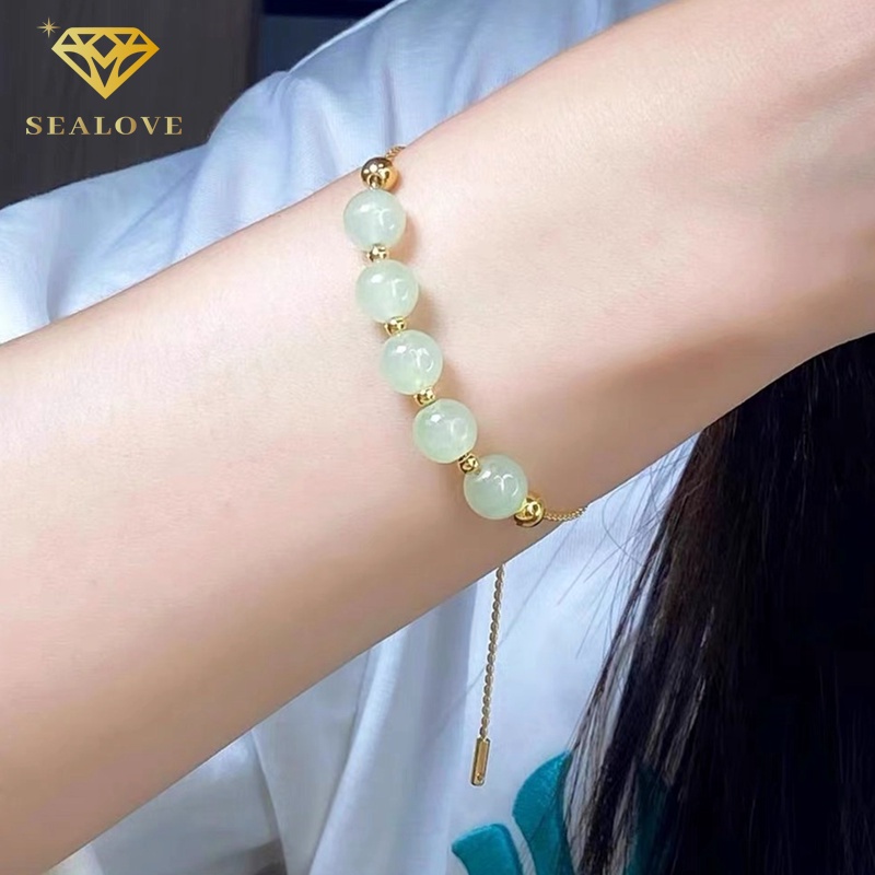 SEALOVE Gelang Serut Titanium Wanita Liontin Manik Giok Beruntung Anti Karat dan Anti Luntur Perhiasan Aksesoris