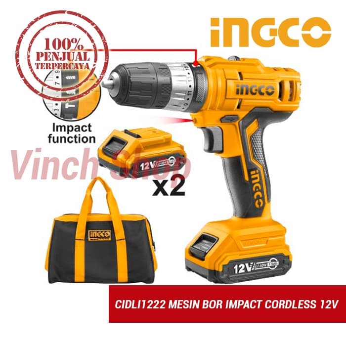 MESIN BOR CORDLESS TANGAN IMPACT DRILL BATERAI 12 V INGCO CIDLI1222
