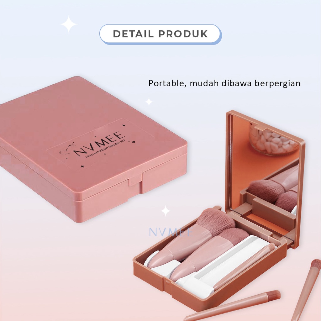 NVMEE - Mini Make Up Brush Kit Kuas Lembut Dilengkapi Cermin