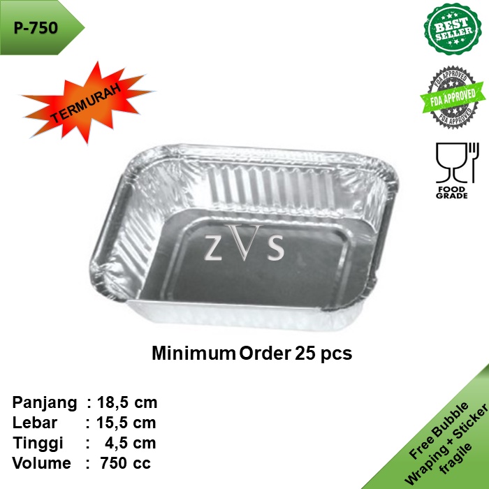 Alumunium Foil tray kotak P-750 tanpa tutup  isi 25 pcs