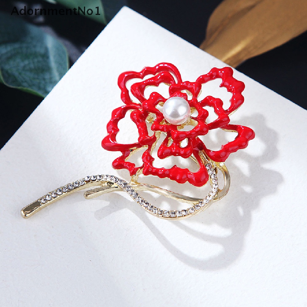 (AdornmentNo1) Bros Pin Desain Bunga Merah Hias Mutiara Aksesoris Wanita