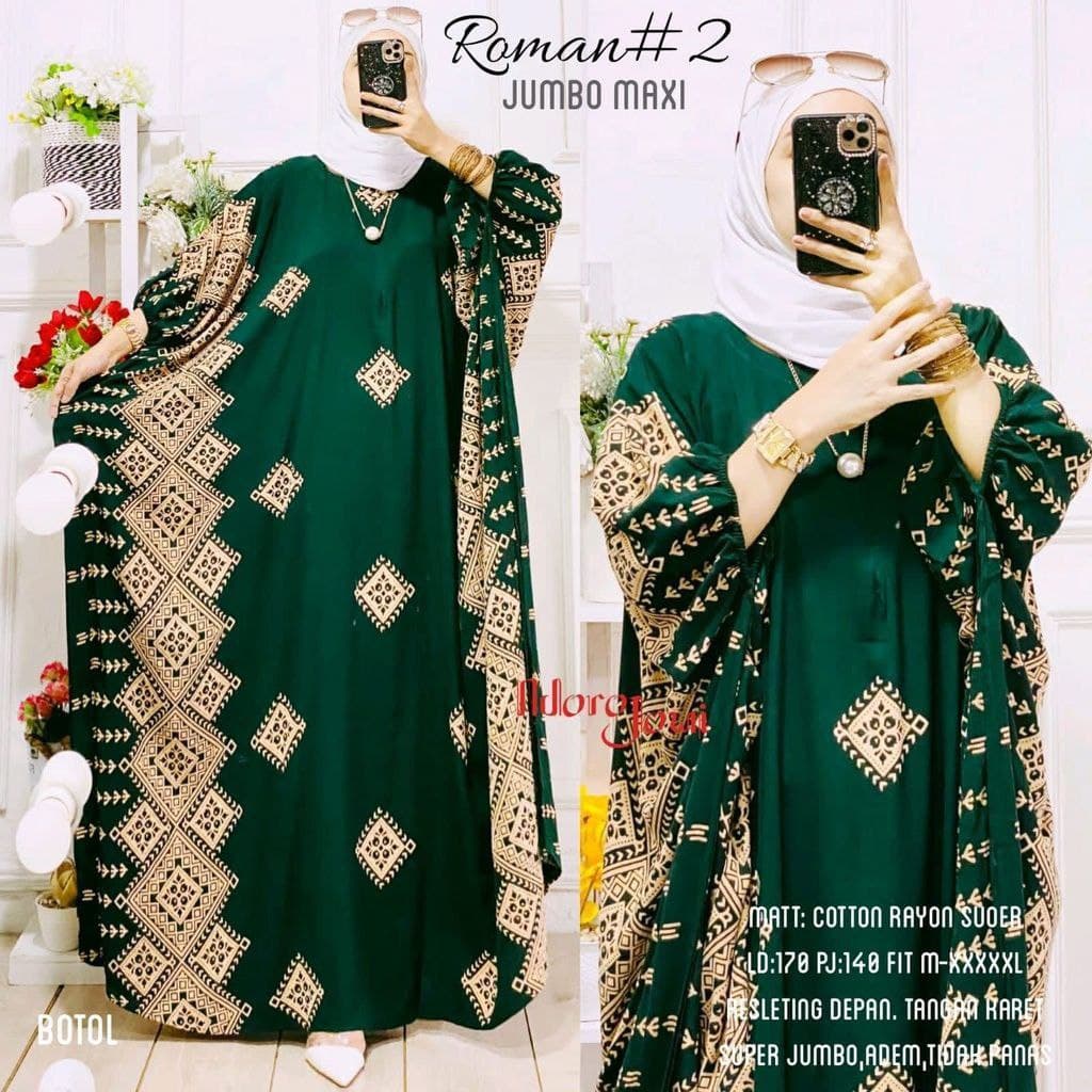 Roman Kaftan Wanita Jumbo Rayon Premium Gamis Dress Batik Kekinian Bigsize LD 148 cm