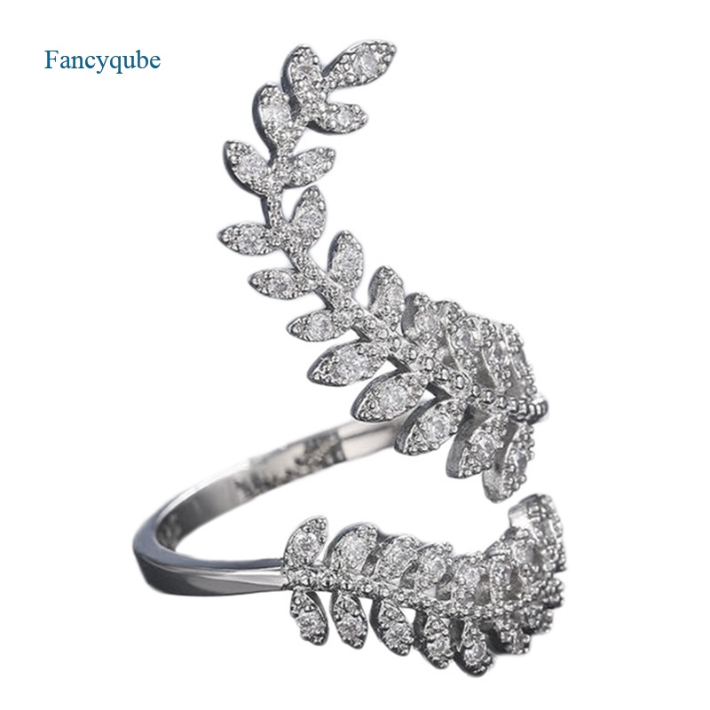 Fancyqube Perhiasan Cincin Lapis Silver Bentuk Daun Tanaman Panjang Aksen Zirkon Untuk Wanita