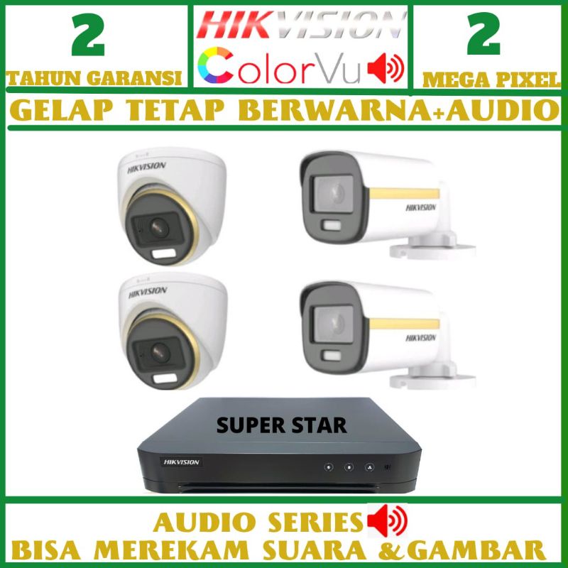 PAKET CCTV COLORVU  HIKVISION 2MP 4 CHANNEL 4 KAMERA GELAP TETAP BERWARNA+AUDIO