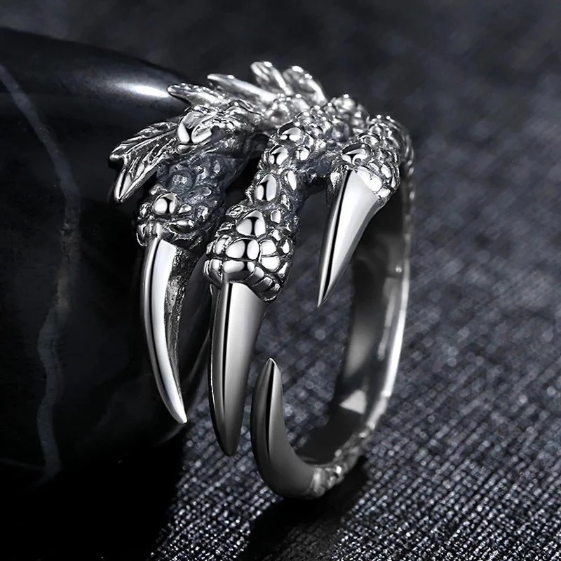 1 Pc Fashion Simple Creative Retro Hip-hop Style Silver Dragon Claws Design Adjustable Open Ring