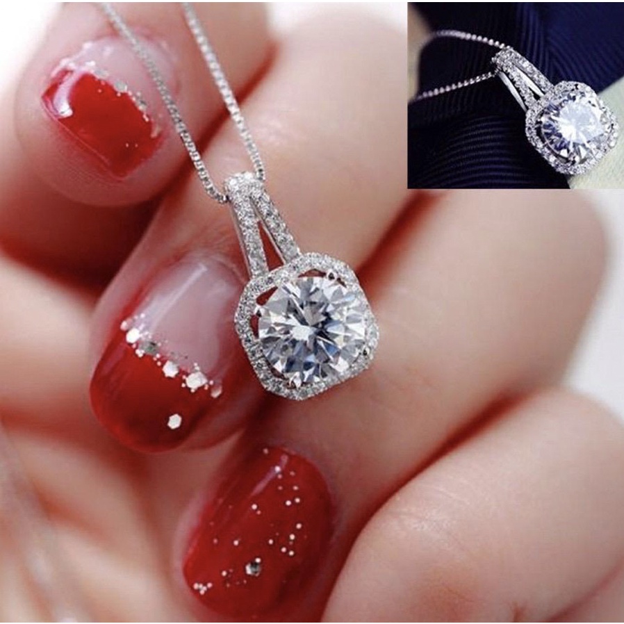 Kalung Diamond Silver Kotak Perak Kristal Permata Berlian Aksesoris Perhiasan Dalika