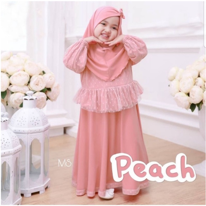 Setelan Anak Perempuan Gamis Tile Polka Oneset Tanggung Terbaru 2022 Baju Muslim Lebaran Anak Cewek 
