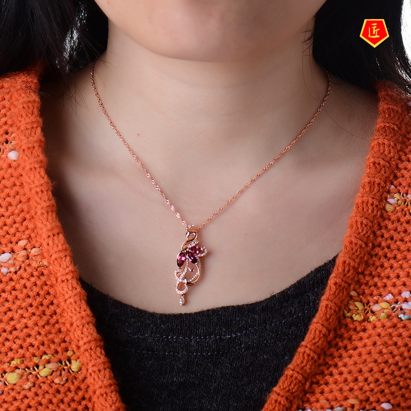 [Ready Stock]Leaf-Shaped Ruby Pendant 18K Rose Gold Fashion