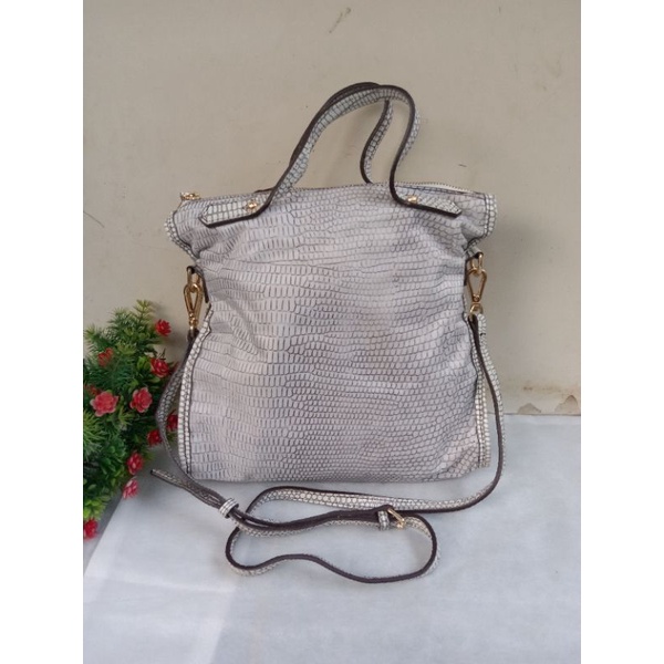 MELDA HANDBAG /SLING NILON PUTIH MIX KULIT CROCO,  PRELOVED TAS MELDA, PRELOVED TAS NILON SUPER CAKE