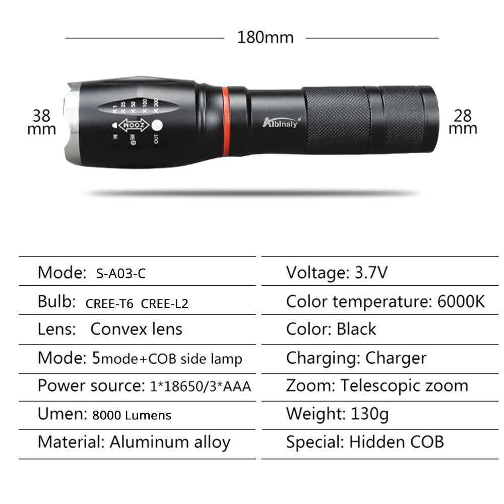 Paket Senter LED Torch Cree XM-L T6 8000 Lumen+Baterai+Charger+Box