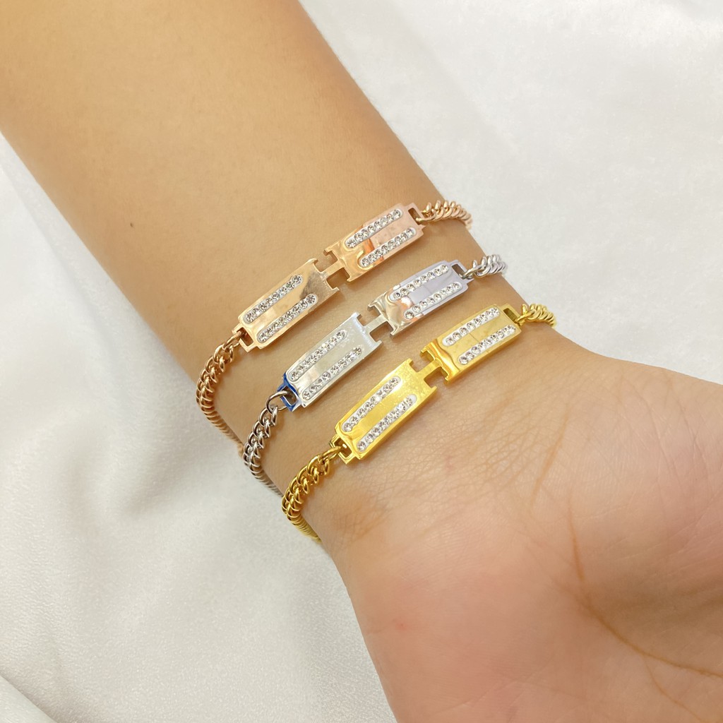 Gelang Rantai Plat Titanium Branded Zircon Aksesoris Perhiasan
