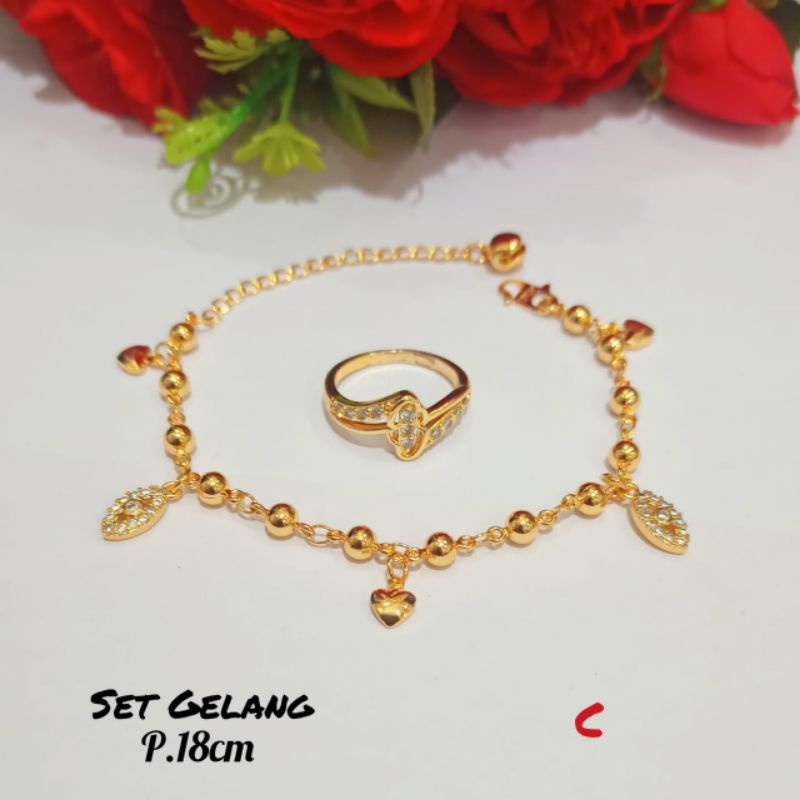 Set TITANIUM Gelang Dewasa Rantai Jurai permata+Cincin elok menawan Anti karat