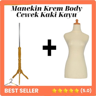 Manekin Body Cewek DM Krem Kaki Kayu | Manekin Cewek | Patung Display Baju