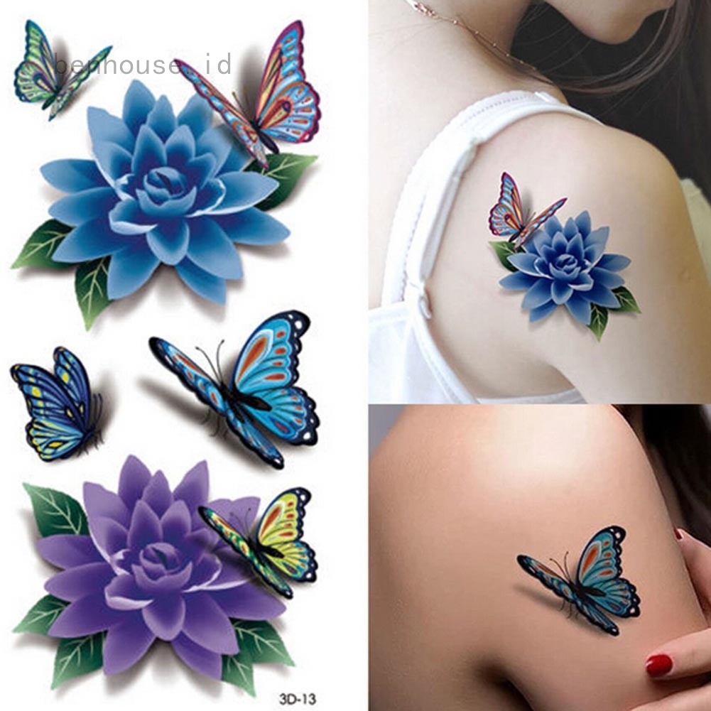 Download Womens 3d Colorful Waterproof Rose Butterfly Tattoo Body Art Diy Stickers Glitter Shopee Indonesia
