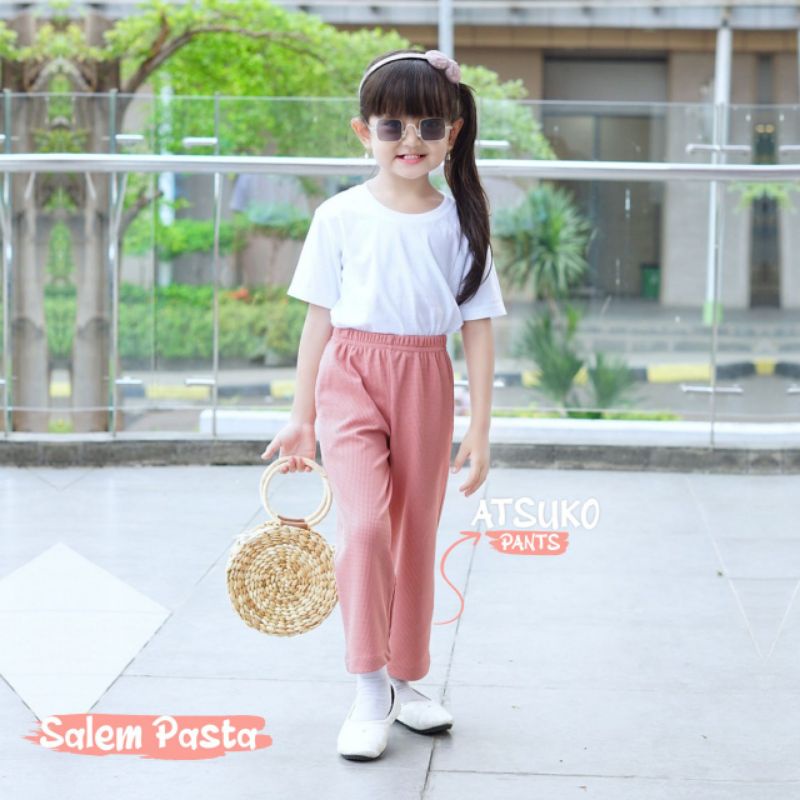 Nauree - Celana Panjang Anak Perempuan Atsuko Bahan Waffle Untuk Usia 1 2 3 4 5 6 Tahun Ukuran S M L Warna Matcha Mocca Terracotta Salem Pasta Maoon Polos Elastis Katun Warna Warni Kualitas Baik Lucu Murah Fashion