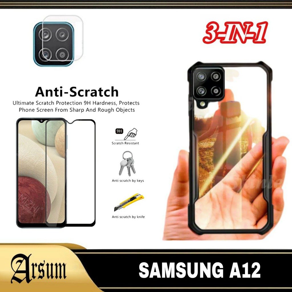 Paket 3in1 Case Samsung M12 A12 Softcase TRANSPARAN / 2in1 Casing Samsung A12 M12 + Tempered Glass L