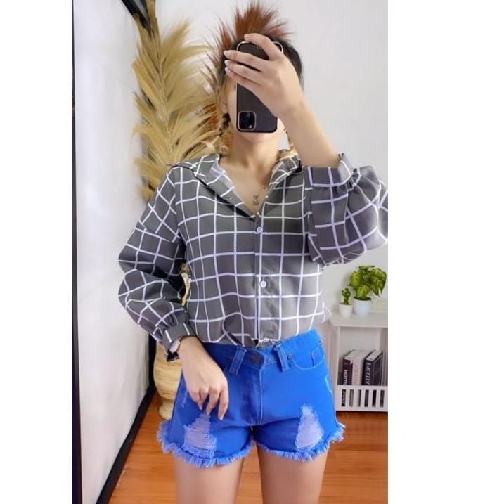 [FYIL75097] KEMEJA GUELIN KEMEJA FLANEL FLANELY KOTAK KOTAK LENGAN PANJANG BALON AUTER OVERSIZE BLOU