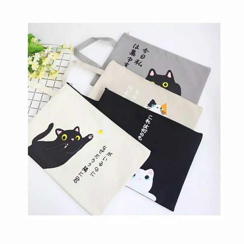 

Tempat Dompet Pouch Organizer Map File Dokumen A4 Zipper with Handle Motif Japanese Cat Serbaguna