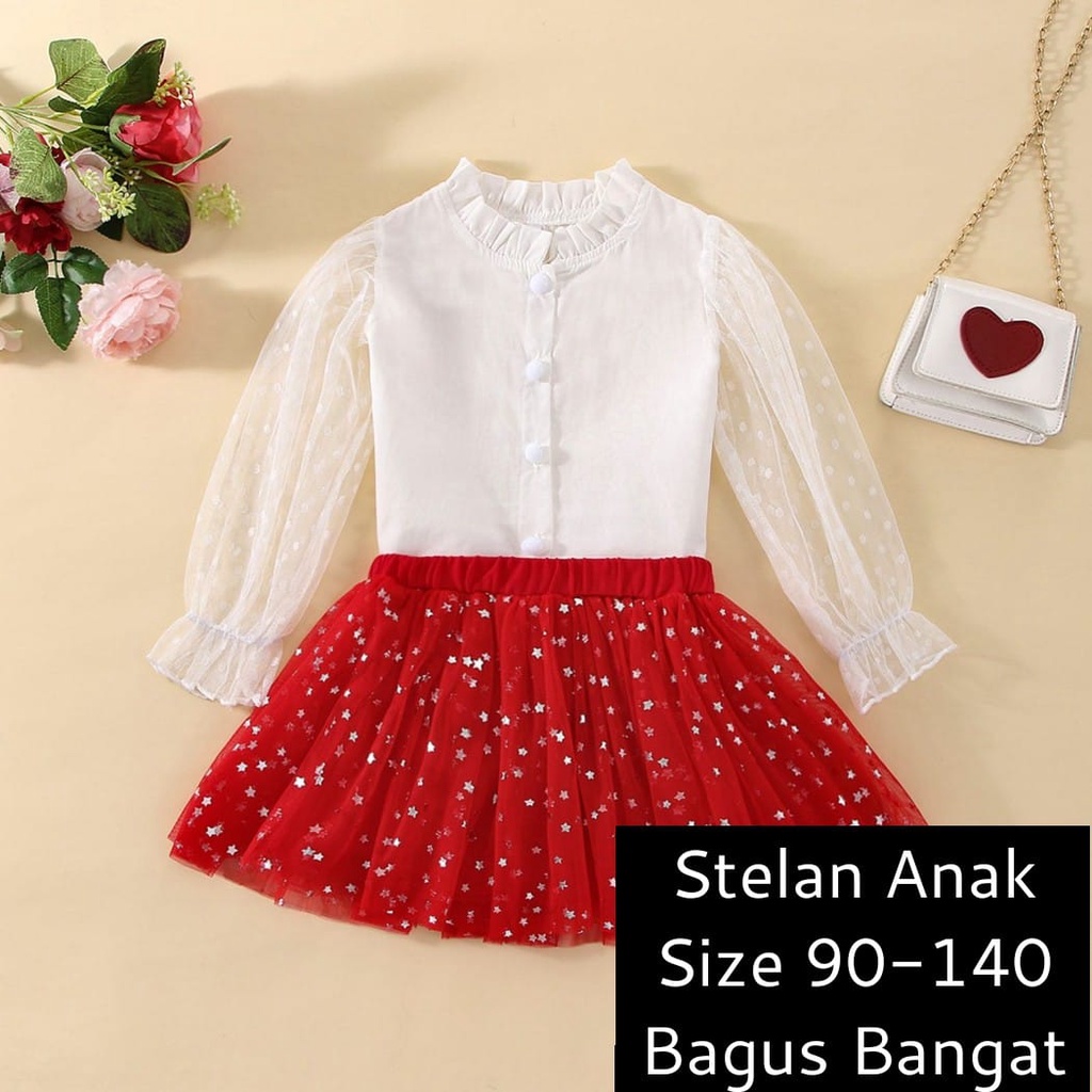 (LOLI-JKT) BS-312 SET ANAK CEWEK ROK STAR RED BLOUSE 90-140 BABY GIRL