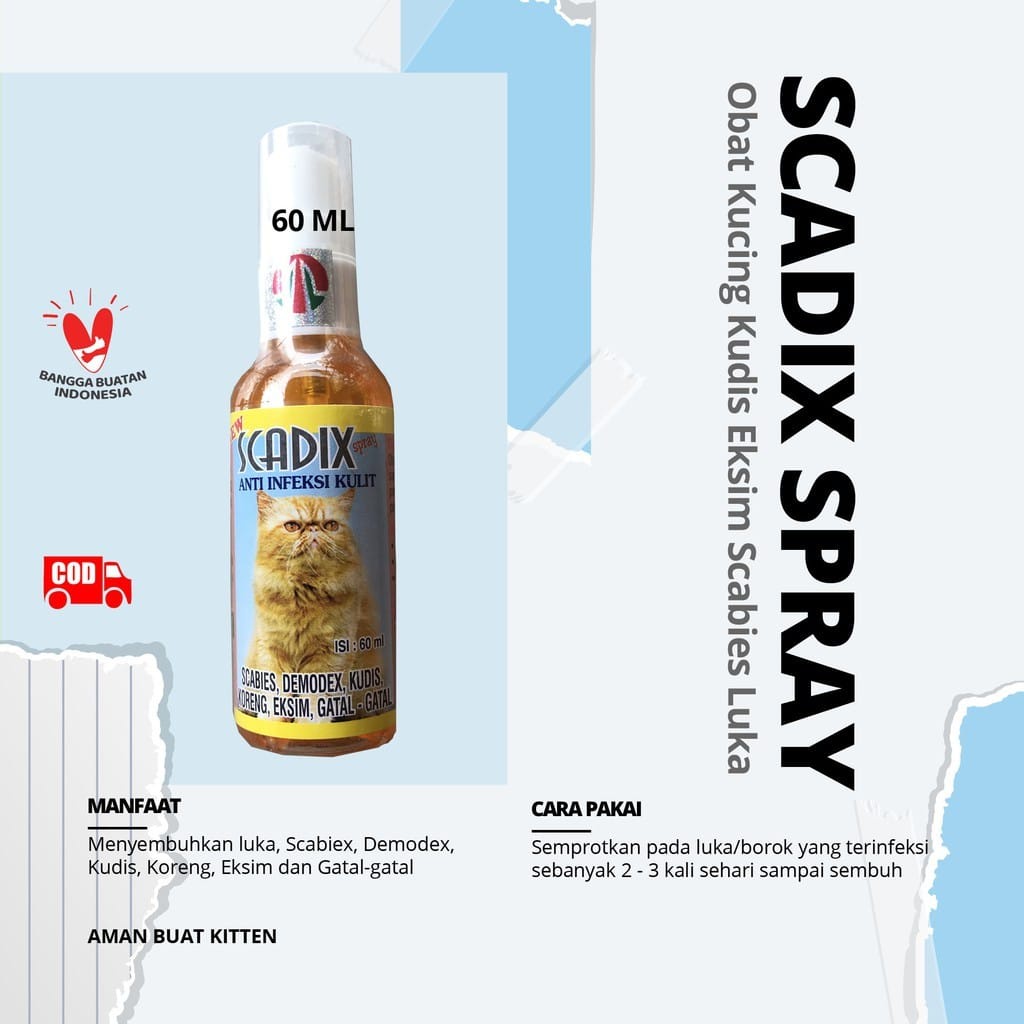 OBAT ANTI INFEKSI KULIT KUCING - SCADIX CAT SPRAY 60 ML - SEMBUHKAN SCABIES LUKA DEMODEX KUDIS EKSIM KORENG GATAL JAMUR BAKTERI KUTU VIRUS KITTEN - MURAH GARANSI KUALITAS ASLI ORIGINAL - PET ANIMAL TAMASINDO OBAT &amp; VITAMIN HEWAN PELIHARAAN MITRAPETLOVER