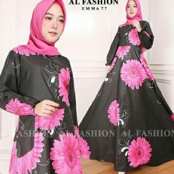 BAJU GAMIS MUSLIM KATUN MEWAH PINK HITAM / GAMIS PESTA CANTIK