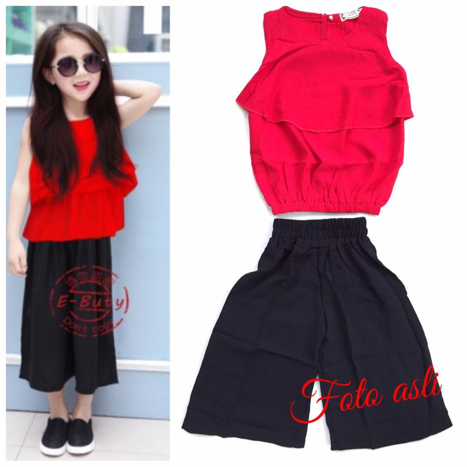 E-BUTY - RED CHIFFON BLACK PANTS