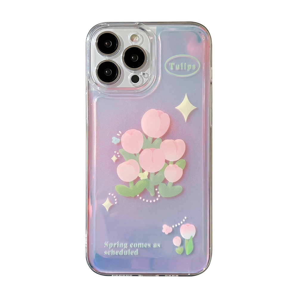 Case Pelindung Warna Pink Tulip Transparan Dengan Kartu Laser Untuk Iphone 11 8 7 Plus SE2 XS XR 12 13 Mini PRO MAX