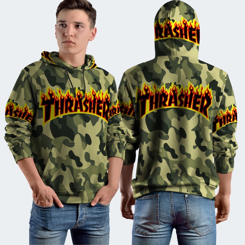 Jaket Hoodie Fullprint Thrasher Magazine Camo Style Bahan Polyester Jersey