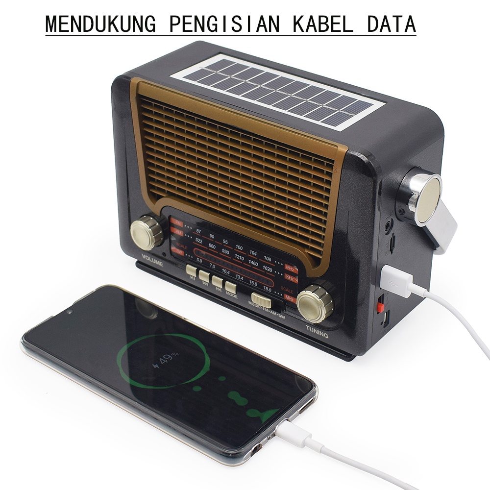 Radio fm bluetooth/AM/SW Radio jadul Player Radio Portabel Retro Solar Pengisian denganSenter Kartu Radio Speaker Bluetooth 527BTS