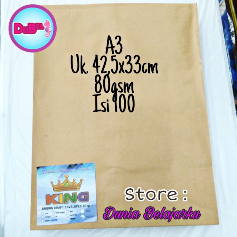 

Amplop Coklat A3 King 42,5x33cm 80gsm Isi 100 Lembar [Pack]