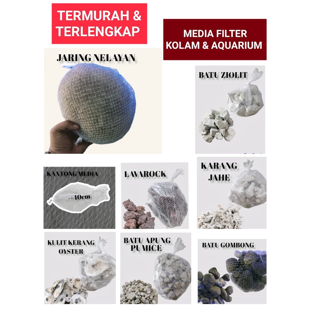 MEDIA FILTER JARING NELAYAN FILTER KOLAM AQUARIUM KARANG JAHE KULIT KERANG LAVAROCK BATU APUNG BATU GOMBONG ZIOLIT