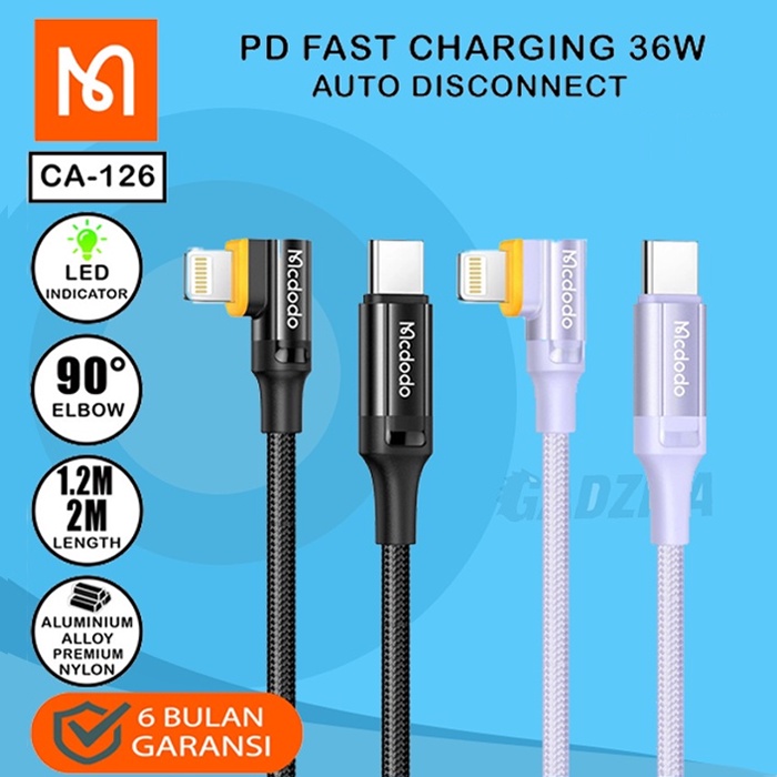 MCDODO CA-126 Kabel Charger C To Lightning iP 11 12 13 Pro Max Auto Power OFF PD Fast Charing 36W